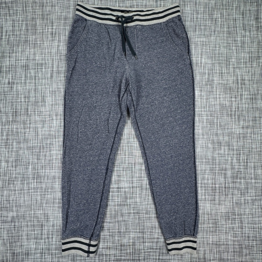 American Eagle Men's French Terry Jogger Sweatpants Striped Cuffs Blue Medium